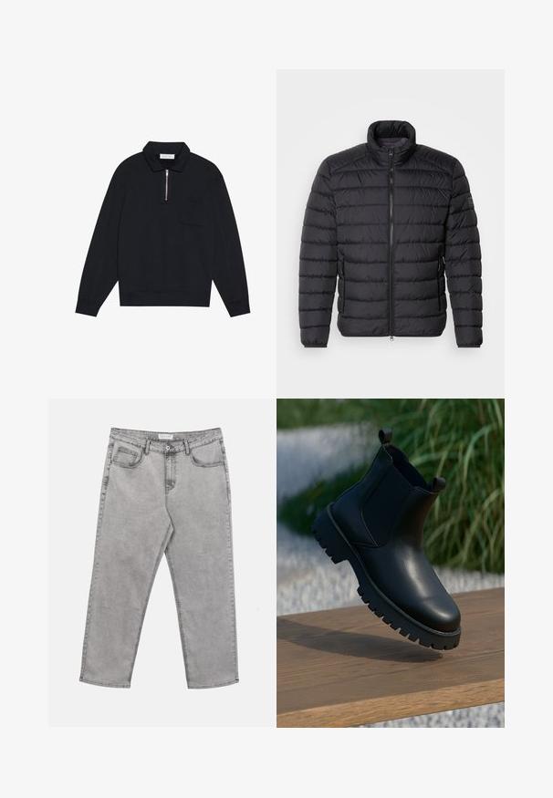 Sort dunjakke med høj krave, vandret quiltet mønster, lynlås lukning foran og sidelommer. Glat stofstruktur.; Pier One by Zalando Sweatshirt - black; Lysegrå denimjeans med forreste knap og lynlås, bæltestropper og fem lommer, lagt fladt på en hvid baggrund.; Sorte læder ankelstøvler med elastiske sidepaneler, rund tå og kraftig sål, vist på en træoverflade.