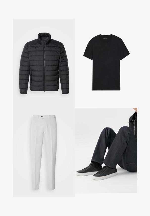 Veste matelassée noire avec un col haut, motif matelassé horizontal, fermeture éclair à l'avant et poches latérales. Texture de tissu lisse.; T-shirt en coton noir à manches courtes et col rond. Le tissu a une texture lisse et un design simple et uni.; Pantalon gris clair en tissu texturé, avec une fermeture bouton, une taille plate et des jambes fuselées pour un ajustement épuré.; Personne assise avec les jambes pliées, portant un jean bleu foncé et des baskets basses noires avec des semelles blanches sur fond blanc.