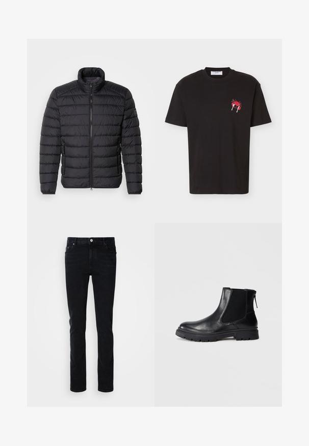 Schwarze Daunenjacke mit hohem Kragen, horizontalem Steppmuster, durchgehendem Reißverschluss und Seitentaschen. Glatte Stofftextur.; Schwarzes T-Shirt mit kurzen Ärmeln und einer kleinen roten Krabbe, die Gabel und Löffel auf der oberen linken Brust hält.; Schwarze Denim-Jeans mit einer schmalen Passform, ausgestattet mit einer Vordertasche, Gürtelschlaufen und einem Knopfverschluss. Glatte Textur, minimalistisches Design.; Schwarze Leder-Ankle-Boots mit einer glatten Oberfläche, elastischen Mesh-Seitenteilen und einer robusten Sohle mit sichtbarem Profil.