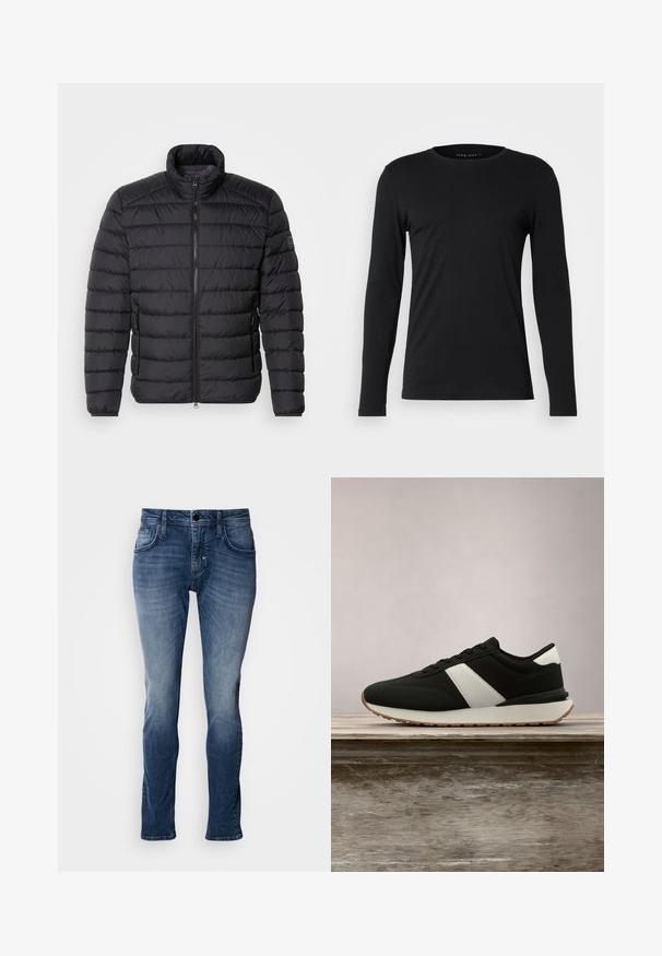 Schwarze Daunenjacke mit hohem Kragen, horizontalem Steppmuster, durchgehendem Reißverschluss und Seitentaschen. Glatte Stofftextur.; Schwarzes Langarm-T-Shirt aus weichem Stoff. Mit Rundhalsausschnitt und figurbetonter Silhouette, ohne sichtbare Grafiken oder Verzierungen.; Blaue Jeans aus Denim mit einem ausgewaschenen Finish, Fünf-Taschen-Design, geradem Bein und Steppnähte. Einfache Knopf- und Reißverschlussöffnung.; Schwarze Sportschuhe aus glattem Stoff mit einem weißen Streifen und einer kontrastierenden braunen Gummisohle. Sie liegen auf einer Holzoberfläche.