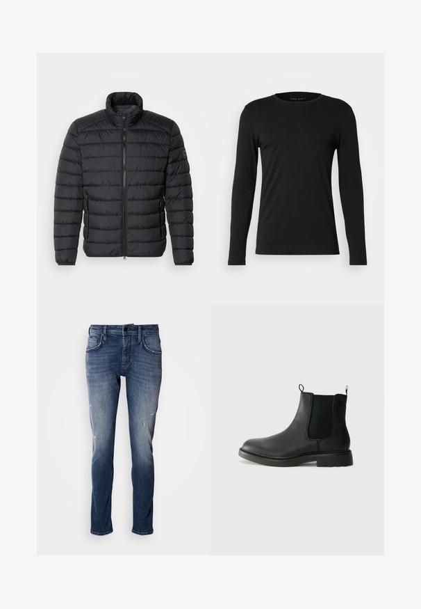 Chaqueta acolchada negra con cuello alto, patrón de acolchado horizontal, cierre de cremallera frontal y bolsillos laterales. Textura de tela suave.; Camiseta de manga larga negra, hecha de tejido suave. Presenta un escote redondo y una silueta ajustada sin gráficos ni adornos visibles.; Antony Morato KURT COMFORT - Vaqueros tapered - blue denim; Botas Chelsea de cuero negro con paneles laterales elásticos, lengüetas para tirar, puntera redondeada y suela de goma texturizada. Superficie lisa y diseño robusto.