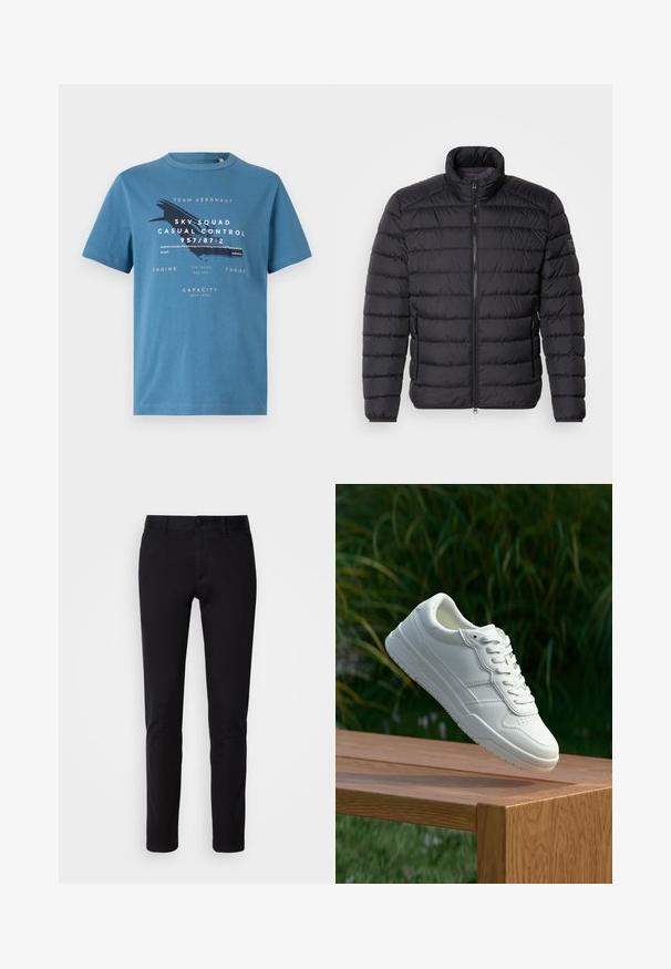 Sort dunjakke med høj krave, vandret quiltet mønster, lynlås lukning foran og sidelommer. Glat stofstruktur.; Blå bomulds t-shirt med korte ærmer, med grafisk tekst og et flydesign på forsiden. Rund hals og regular fit.; Sorte bukser lavet af glat bomuldsstof, med en lige ben design, forlommer, en knaplukning og en ren finish.; Hvide lædersneakers med en glat overflade, prydet med perforeret design, klassisk snørering og gummisål, placeret over en træoverflade.
