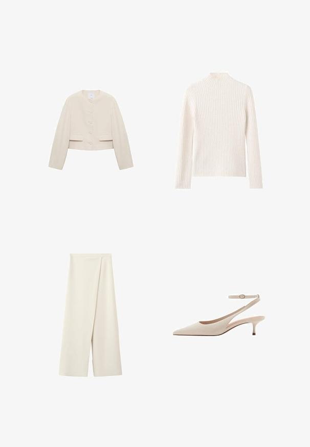 Beskåret jakke i beige stof; rund halsudskæring, frontlukning med seks knapper, to frontlommer, lange ærmer, minimalistisk design.; Ribstrikket rullekravesweater i off-white, lavet af blødt strikstof. Har lange ærmer og en tætsiddende silhuet.; Kremfarvede bukser med vide ben, høj talje og et fremad overlapningspanel.; Spids-tået beige slingback pump med en slank hæl og justerbar ankelrem. Glat tekstur med minimalistisk design og ingen synlige mønstre.