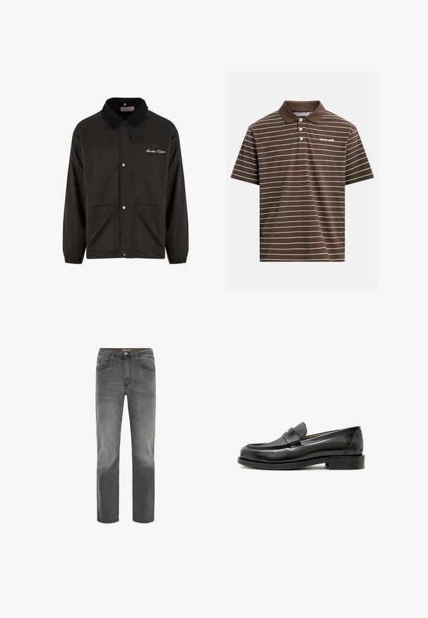 Veste imperméable noire avec un col en velours côtelé, des boutons-pression, des poignets élastiqués et un logo brodé sur le devant. Deux poches inférieures.; Polo marron avec des rayures horizontales blanches, trois boutons, et le texte « never quit » sur le côté gauche de la poitrine.; Jeans droit pour hommes en denim gris foncé délavé, avec poches avant, passants de ceinture et fermeture à bouton.; Mocassin en cuir noir avec une pièce en cuir texturé noir, bout rond et petit talon carré ; présente un détail métallique décoratif.