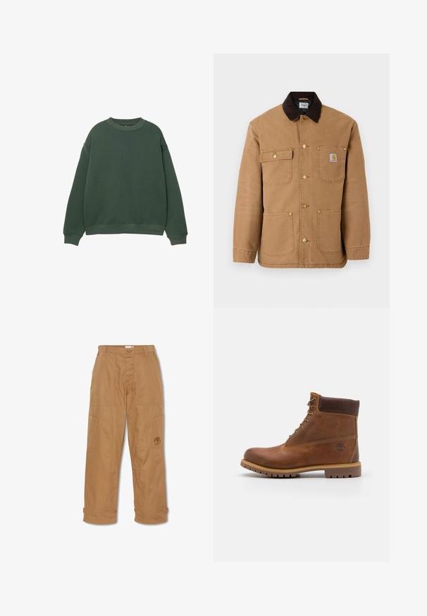 Bruine canvasjas met een donkerbruine corduroy kraag, gouden drukknoopsluiting en meerdere voorkruizen met een logo patch.; Donkergroen sweatshirt met een ronde hals, lange mouwen en geribde boorden. Gemaakt van een zachte, gestructureerde stof met een relaxte pasvorm.; Khaki werkbroek, gemaakt van duurzaam materiaal, heeft meerdere zakken, een knoopsluiting en een geborduurd logo op de dij.; Bruine leren wandelschoen met een gladde afwerking, gevoerde enkel, metalen oogjes en een rubberen zool met een robuust profiel.