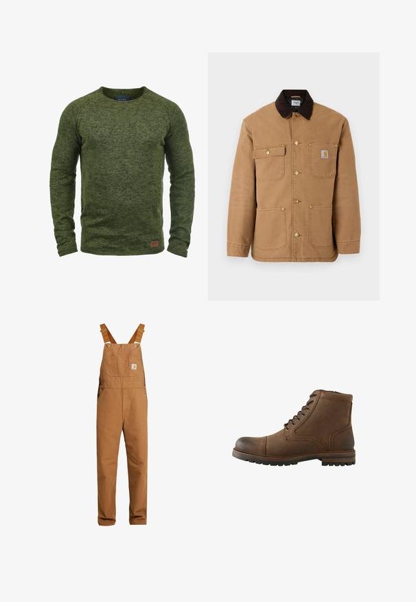 Chaqueta de lona marrón con cuello de pana marrón oscuro, botones a presión dorados y múltiples bolsillos frontales con un parche de logo.; Suéter verde hecho de tejido de punto texturizado, con cuello redondo, mangas largas y un pequeño parche de logo marrón en la parte inferior delantera.; Carhartt WIP BIB OVERALL DEARBORN CANVAS - Peto - hamilton brown rinsed; Bota de cuero marrón hasta el tobillo con cordones delanteros y suela rugosa, diseñada para uso casual o al aire libre.