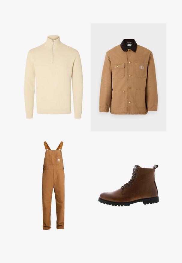 Chaqueta de lona marrón con cuello de pana marrón oscuro, botones a presión dorados y múltiples bolsillos frontales con un parche de logo.; Jersey beige de punto con cuello alto acanalado y cremallera corta en la parte delantera, con mangas largas y puños y bajo acanalados.; Carhartt WIP BIB OVERALL DEARBORN CANVAS - Peto - hamilton brown rinsed; Botas de cuero marrón hasta el tobillo con acabado texturizado, ojales de metal y suela de goma negra con protuberancias. Presenta una lengüeta en la parte posterior para facilitar su uso.