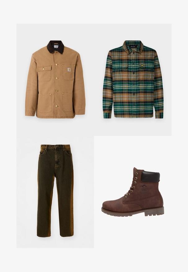 Veste en toile marron avec un col en velours côtelé marron foncé, des boutons-pression dorés et plusieurs poches avant avec un patch logo.; Chemise en flanelle à carreaux dans des tons de vert, marron et noir, avec un devant boutonné, deux poches sur la poitrine et un petit logo brodé sur la poche gauche.; Jeans en denim droite, couleur marron foncé, avec bouton et fermeture éclair à l'avant, passants de ceinture, et poches avant et arrière.; Panama Jack Bottines à lacets - bark