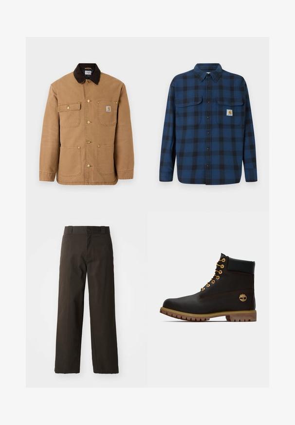 Bruine canvasjas met een donkerbruine corduroy kraag, gouden drukknoopsluiting en meerdere voorkruizen met een logo patch.; Blauw en zwart geruit flanellen overhemd met lange mouwen, een knoopsluiting aan de voorkant, twee borstzakken en een merklabel op de linkerzak.; Zwarte katoenen broek met een recht model, voorzien van een knoopsluiting en een klassieke tailleband. Gladde textuur, zonder patronen of accenten.; Zwarte leren enkellaars met gouden oogjes, bruine accenten en een rubberen zool. Heeft een gevoerde kraag en geperst logo aan de zijkant.