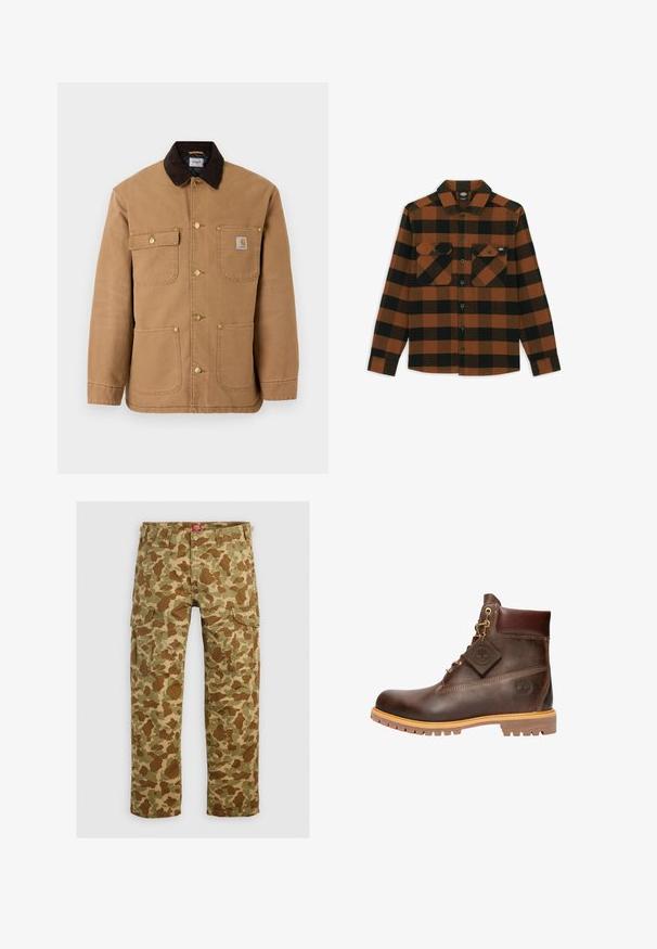 Veste en toile marron avec un col en velours côtelé marron foncé, des boutons-pression dorés et plusieurs poches avant avec un patch logo.; Chemise à manches longues en motif écossais orange et noir, fabriquée dans un tissu texturé. Comprend deux poches poitrine et une fermeture à boutons.; Pantalons cargo camouflage dans des nuances variées de vert et de marron, dotés de plusieurs poches et d'une coupe décontractée, fabriqués en tissu résistant.; Bottine en cuir marron avec un bout rond, une semelle robuste, des éléments en doré et un dessus texturé. Comprend une étiquette de logo attachée.