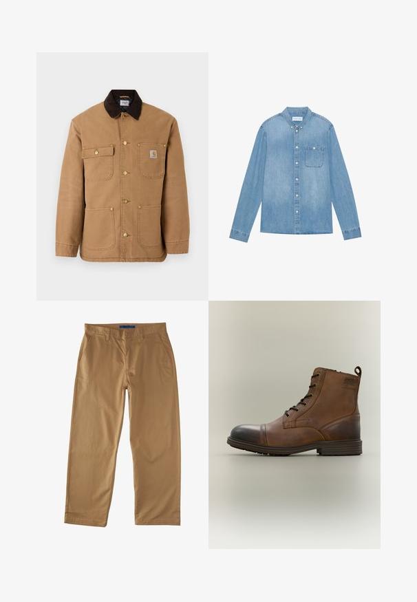 Chaqueta de lona marrón con cuello de pana marrón oscuro, botones a presión dorados y múltiples bolsillos frontales con un parche de logo.; Camisa de mezclilla azul claro, con botones, mangas largas, collar puntiagudo, un bolsillo en el pecho y un ligero desgaste en la tela.; Chinos de algodón beige con un diseño de pierna recta, que cuentan con dos bolsillos frontales, un bolsillo trasero y un cierre de botón. Textura suave.; Bota de cuero marrón con cordones hasta el tobillo, puntera negra, suela redonda y detalle de marca en el lateral sobre un fondo liso.