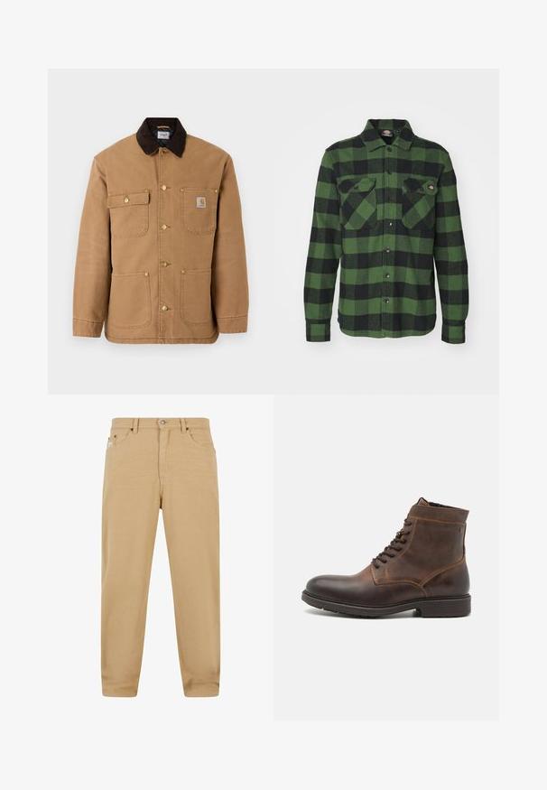 Chaqueta de lona marrón con cuello de pana marrón oscuro, botones a presión dorados y múltiples bolsillos frontales con un parche de logo.; Camisa de franela a cuadros verde y negra con dos bolsillos en el pecho, cierre de botones, mangas largas y cuello puntiagudo. Textura suave.; Pantalones de algodón beige con corte recto, que cuentan con un cierre de cremallera, cinco bolsillos y sutiles detalles de costura. Textura suave y diseño clásico.; Jack & Jones JFWDELANEY BOOT - Botines con cordones - cognac