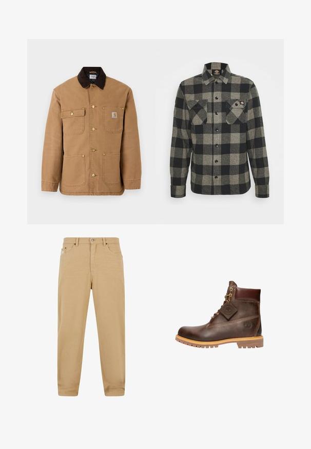 Brun lærred jakke med en mørkebrun fløjlskrave, gyldne trykknapper og flere frontlommer med et logo patch.; Sort og gråternet flannel skjorte med lange ærmer, knaplukning foran, to brystlommer og en let bøjet kant. Struktureret stof.; Beige bomuldsbukser med lige pasform, der har lynlåsgylp, fem lommer og diskrete stikninger. Glat tekstur og klassisk design.; Brun læder ankelstøvle med rund tå, solid sål, hardware i guldtone og en tekstureret overdel. Inkluderer et logo-tagfæstet.