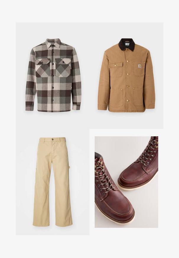 Veste en toile marron avec un col en velours côtelé marron foncé, des boutons-pression dorés et plusieurs poches avant avec un patch logo.; Chemise à carreaux dans des tons marron, vert et beige. Dotée d'un col, de deux poches poitrine et d'une fermeture à boutons sur le devant. Tissu texturé.; Pantalons cargo larges beiges avec fermeture à bouton, dotés de poches latérales, fabriqués en coton robuste, avec une texture lisse et un design droit.; Bottes en cuir marron à finition lisse, dotées d'œillets métalliques, de lacets gris et d'une semelle en caoutchouc de couleur crème. Détails de coutures le long des bords.