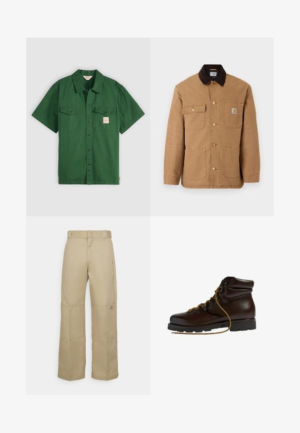 Chaqueta de lona marrón con cuello de pana marrón oscuro, botones a presión dorados y múltiples bolsillos frontales con un parche de logo.; Camisa de algodón verde de manga corta con botones en la parte delantera, dos bolsillos en el pecho y una pequeña etiqueta en el bolsillo izquierdo. Sencilla, sin patrones.; Pantalones de pierna ancha color beige, confeccionados con una tela resistente, que presentan una cintura alta, costuras visibles y un pequeño parche con logo en el lateral.; Botas de senderismo de cuero marrón con punta redondeada, superficie texturizada, cordones amarillos y ojales de metal. Cuentan con una suela de goma negra resistente.