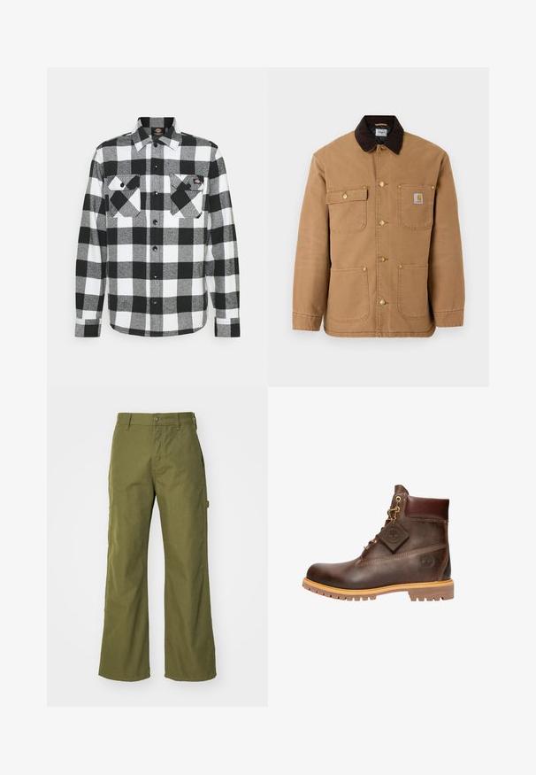 Chaqueta de lona marrón con cuello de pana marrón oscuro, botones a presión dorados y múltiples bolsillos frontales con un parche de logo.; Camisa de franela en blanco y negro con un patrón de cuadros, que cuenta con dos bolsillos en el pecho, cierre frontal con botones y un cuello. Tela suave y texturizada.; Pantalones de pernera ancha en verde oliva, confeccionados con una tela resistente, que presentan un cierre de botón, bolsillos laterales y un diseño de dobladillo recto.; Botín de cuero marrón hasta el tobillo con punta redonda, suela resistente, herrajes en tono dorado y parte superior texturizada. Incluye una etiqueta con el logo adjunta.