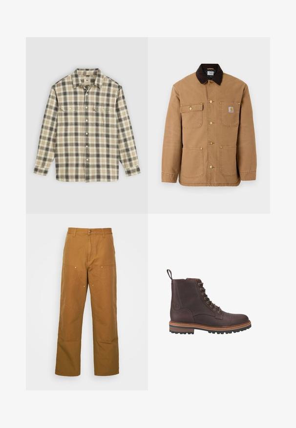 Bruine canvasjas met een donkerbruine corduroy kraag, gouden drukknoopsluiting en meerdere voorkruizen met een logo patch.; Langarm geruite blouse in beige, zwart en bruin stof, met knoopsluiting, twee borstzakken en een klassiek kraagontwerp.; Bruine katoenen utility broeken met een rechte pijpdesign, voorzien van voorzakken en metalen hardware accenten voor extra duurzaamheid.; Bruine leren veterschoenen tot boven de enkel met een gestructureerde afwerking, contrasterende beige zolen en metalen veteroogjes. Voorzien van een trekkoordje voor gemakkelijk aan- en uittrekken.