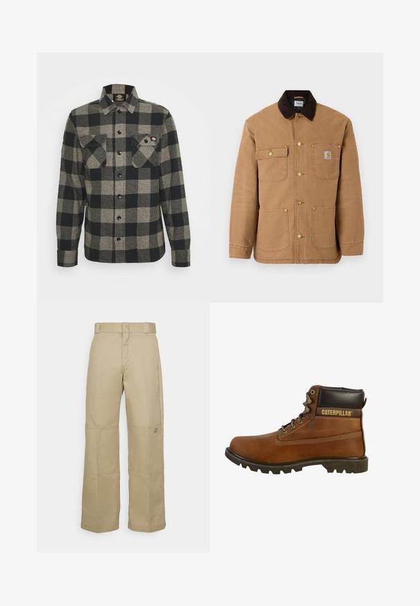 Brun lærred jakke med en mørkebrun fløjlskrave, gyldne trykknapper og flere frontlommer med et logo patch.; Sort og gråternet flannel skjorte med lange ærmer, knaplukning foran, to brystlommer og en let bøjet kant. Struktureret stof.; Beige brede benbukser lavet af robust stof, med høj talje, synlig syning og et lille logo-patch på siden.; Brune læderarbejdssko med høj ankel, robust sål, metaløjer og en mørkebrun polstret krave. Har "Caterpillar"-branding.