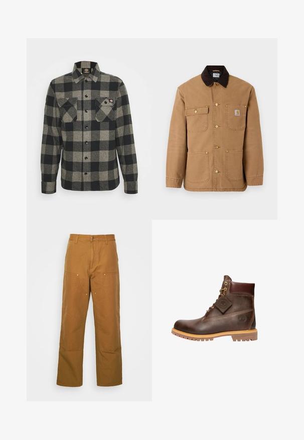 Brun lærred jakke med en mørkebrun fløjlskrave, gyldne trykknapper og flere frontlommer med et logo patch.; Sort og gråternet flannel skjorte med lange ærmer, knaplukning foran, to brystlommer og en let bøjet kant. Struktureret stof.; Brune bomuldsarbejdsbukser med lige ben-design, der har frontlommer og metalhardware detaljer for ekstra holdbarhed.; Brun læder ankelstøvle med rund tå, solid sål, hardware i guldtone og en tekstureret overdel. Inkluderer et logo-tagfæstet.