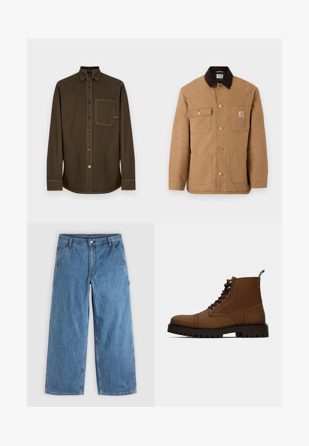 Brun lærred jakke med en mørkebrun fløjlskrave, gyldne trykknapper og flere frontlommer med et logo patch.; Langærmet mørkebrun skjorte med knapper, krave, enkelt brystlomme og synlige syninger på hvid baggrund.; Blå vidde jeans med tynde hvide lodrette nålestriber, forlommer, bæltestropper og knaplukning i taljen.; Brun læder snørefri ankelstøvle med tyk sort sål og hængslet på en hvid baggrund.