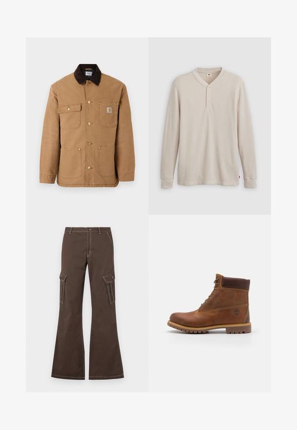 Veste en toile marron avec un col en velours côtelé marron foncé, des boutons-pression dorés et plusieurs poches avant avec un patch logo.; T-shirt henley à manches longues en tissu côtelé beige clair, avec un col en V, une patte de boutonnage à trois boutons et des manches à poignets. Étiquette logo rouge à l'ourlet.; Pantalons cargo marron avec des jambes évasées, dotés de poches latérales, d'accents de couture blanche et d'une fermeture à bouton en métal.; Botte de randonnée en cuir marron avec une finition lisse, cheville rembourrée, œillets en métal et semelle en caoutchouc dotée d'un motif de crampons robuste.