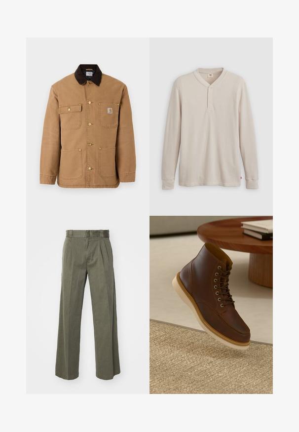 Braune Canvasjacke mit einem dunkelbraunen Cordkragen, goldenen Druckknöpfen und mehreren Fronttaschen mit einem Logo-Patch.; Langärmliges Henley-Shirt aus leicht beigem Rippstoff mit V-Ausschnitt, Knopfleiste mit drei Knöpfen und angeschnittenen Ärmeln. Roter Logo-Tag am Saum.; Olivgrüne Hose mit einem lockeren, weit geschnittenen Design und vorderen Falten. Hergestellt aus strukturiertem Stoff mit einem normalen Bund und ohne sichtbare Beschläge.; Braune Leder-Ankle-Boots mit beiger Sohle auf einem strukturierten beigen Teppich neben einem runden Holztisch mit gestapelten Büchern.