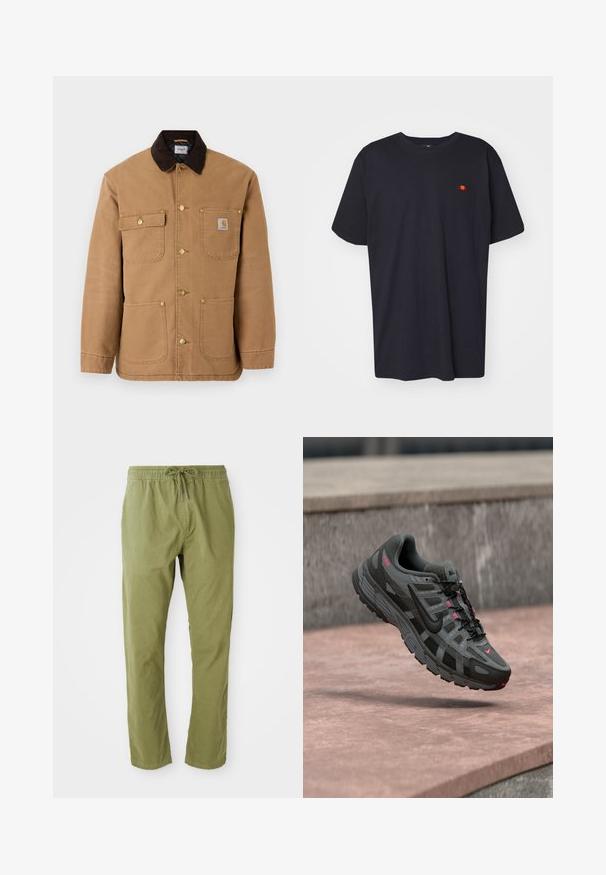 Brun lærred jakke med en mørkebrun fløjlskrave, gyldne trykknapper og flere frontlommer med et logo patch.; Sort bomulds T-shirt med afslappet pasform, der har et lille broderet logo i rød og gul på brystet. Korte ærmer og rund hals.; Olivenfarvede afslappede bukser med elastisk talje og snoretræk. Fremstillet af blødt stof med en glat overflade og lige ben.; Grå og sort Nike-sneaker med pinke accenter svævende i luften over en stenet overflade, der viser side- og topdetaljer.