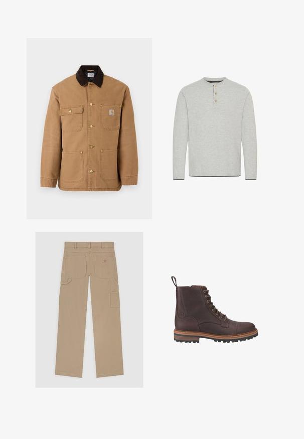 Chaqueta de lona marrón con cuello de pana marrón oscuro, botones a presión dorados y múltiples bolsillos frontales con un parche de logo.; Camisa de manga larga gris claro hecha de una tela suave, con un escote redondo y tres botones de madera con un ribete oscuro en contraste.; Pantalones cargo beige con un diseño de pierna recta, múltiples bolsillos y una discreta etiqueta de logo en la parte trasera, fabricados con una resistente mezcla de algodón.; Botas de piel marrón con cordones hasta el tobillo, acabado texturizado, suelas beige contrastantes y ojales metálicos. Incluyen una lengüeta para facilitar su puesta.