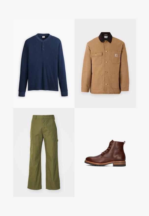 Chaqueta de lona marrón con cuello de pana marrón oscuro, botones a presión dorados y múltiples bolsillos frontales con un parche de logo.; Camisa henley de manga larga en color azul marino hecha de tela acanalada. Presenta un escote redondo y una tapeta de tres botones. Los puños son ajustados.; Pantalones de pernera ancha en verde oliva, confeccionados con una tela resistente, que presentan un cierre de botón, bolsillos laterales y un diseño de dobladillo recto.; Botín de cuero marrón hasta el tobillo con punta redonda, diseño de cordones, tacón y suela en contraste, y logotipo grabado en el lateral.