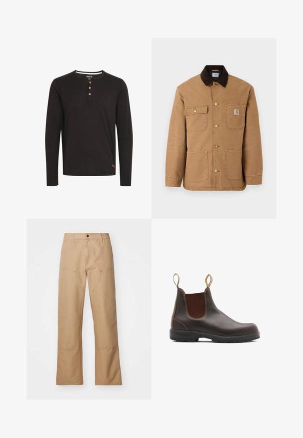 Chaqueta de lona marrón con cuello de pana marrón oscuro, botones a presión dorados y múltiples bolsillos frontales con un parche de logo.; Camisa de manga larga negra hecha de una tela suave, con un cuello redondo, tapeta de botones con botones de madera y una pequeña etiqueta de logo en el dobladillo.; Pantalones de pierna ancha beige hechos de lona, con bolsillos frontales, detalles en dorado y un diseño de frente plano.; Botas Chelsea de cuero marrón con paneles laterales elásticos y tiradores. Parte superior texturizada, suela de goma duradera y detalle de costura en contraste.