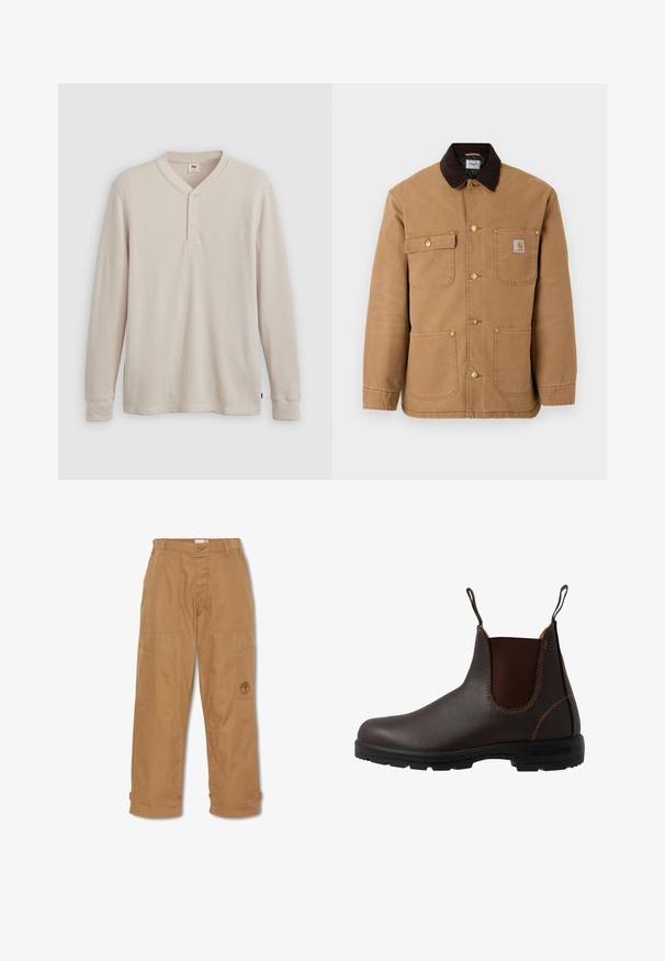 Chaqueta de lona marrón con cuello de pana marrón oscuro, botones a presión dorados y múltiples bolsillos frontales con un parche de logo.; Camisa tipo henley de manga larga en tejido acanalado color beige claro, con escote en V,tapeta de tres botones, y mangas con puños. Etiqueta de logo roja en el dobladillo.; Pantalones de trabajo color caqui, hechos de una tela resistente, cuentan con múltiples bolsillos, un cierre de botón y un logo bordado en el muslo.; Bota Chelsea de cuero marrón con panel elástico lateral, costuras marrones, tiradores y suela de goma resistente con un patrón texturizado.
