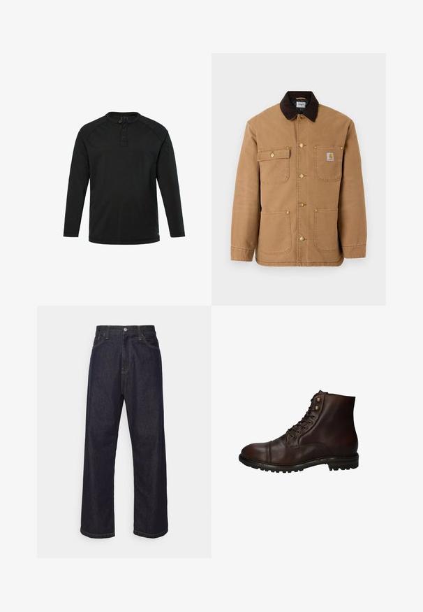 Bruine canvasjas met een donkerbruine corduroy kraag, gouden drukknoopsluiting en meerdere voorkruizen met een logo patch.; Zwarte lange mouw Henley-shirt met drie knopen en een ronde hals, eenvoudig design en rechte zoom.; Donkerblauwe rechte spijkerbroek met gele stiksels, voorknop, ritssluiting en vijf pocket ontwerp.; Donkergrote leren veterschoenen tot de enkels met een robuuste rubberen zool en metalen veters, gezien vanuit de buitenzijde.