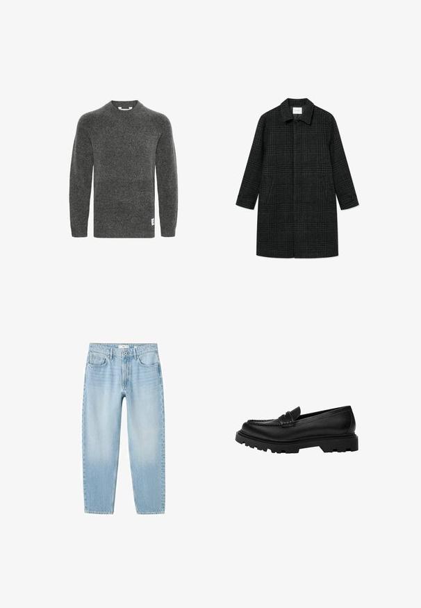 Grau wollener Mantel mit einem karierten Muster, Kragen, Seitentaschen und Knopfmanschetten; gerader Schnitt mit einem mittellangen Design.; Grauer Wollpullover mit langen Ärmeln, Rundhalsausschnitt und gerippten Bündchen. Hat ein kleines Etikett an der unteren Seite. Weiche Textur.; Hellblaue Jeans aus Denim mit fünf Taschen, Knopfverschluss und geradem Bein, vor einem weißen Hintergrund präsentiert.; Schwarze Lederloafer mit einer robusten, strukturierten Sohle. Verfügt über eine dekorativ gestickte Kante und einen niedrigen Absatz für ein zeitgemäßes Design.