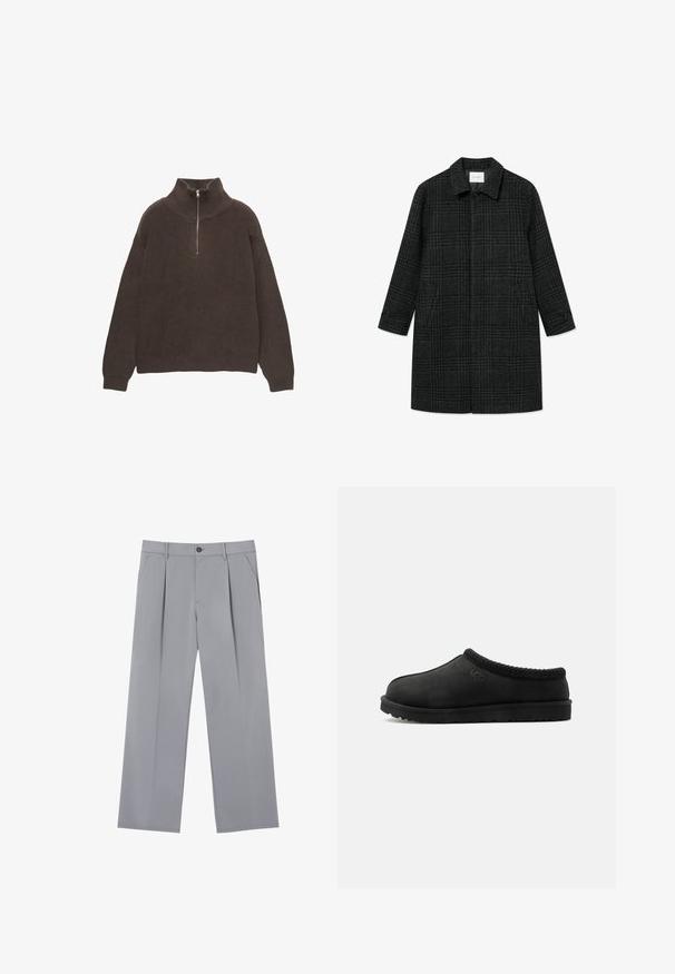 Grijze wollen jas met een ruitpatroon, kraag, zijzakken en knopenmanchetten; recht gesneden met een middellange snit.; Bruine gebreide pullover met een hoge kraag en een halve rits. Kenmerkt zich door de geribbelde textuur en de verlaagde schouders voor een ontspannen pasvorm.; Grijze geplooide broeken met een ontspannen pasvorm, gemaakt van een lichte stof. Voorzien van voorzakken en een knoopsluiting in de taille.; Zwarte UGG instapsloffen met een zachte zool en gebreide rand rond de kraag, zijaanzicht op een witte achtergrond.