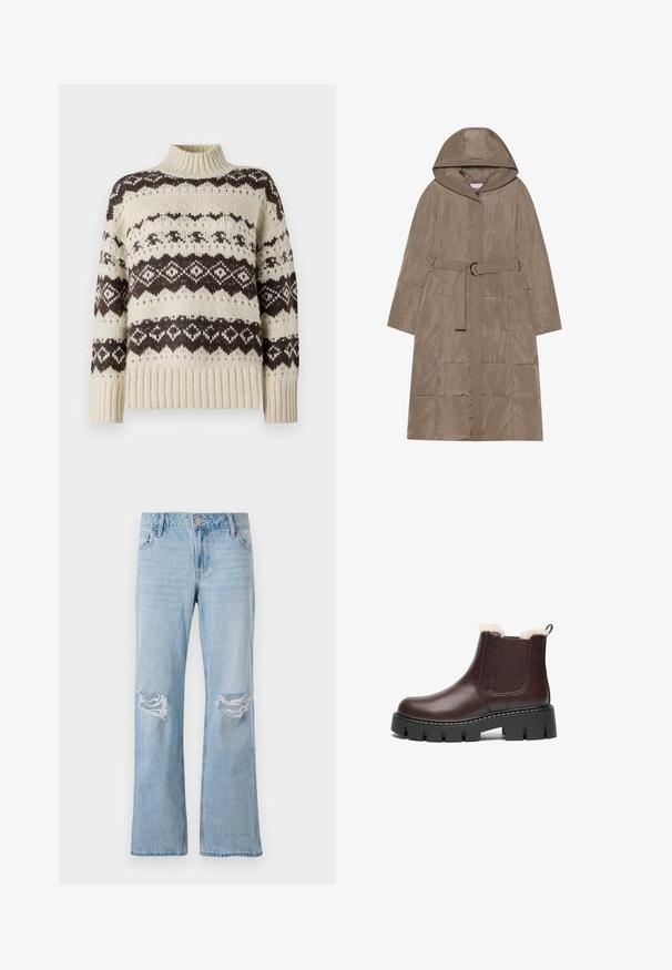 Manteau matelassé en marron clair, avec capuche, taille ceinturée et motif matelassé vertical. Texture lisse et fermeture éclair à l'avant incluses.; Vero Moda Knitted VMAMPLE Knitted - Pullover - birch; Jean en denim bleu clair avec une coupe droite, présentant deux déchirures au niveau des genoux, une fermeture à bouton en métal et cinq poches.; Bottine en cuir brun avec doublure en peluche, panneaux latéraux élastiques et semelle plateforme noire épaisse avec de profondes rainures.