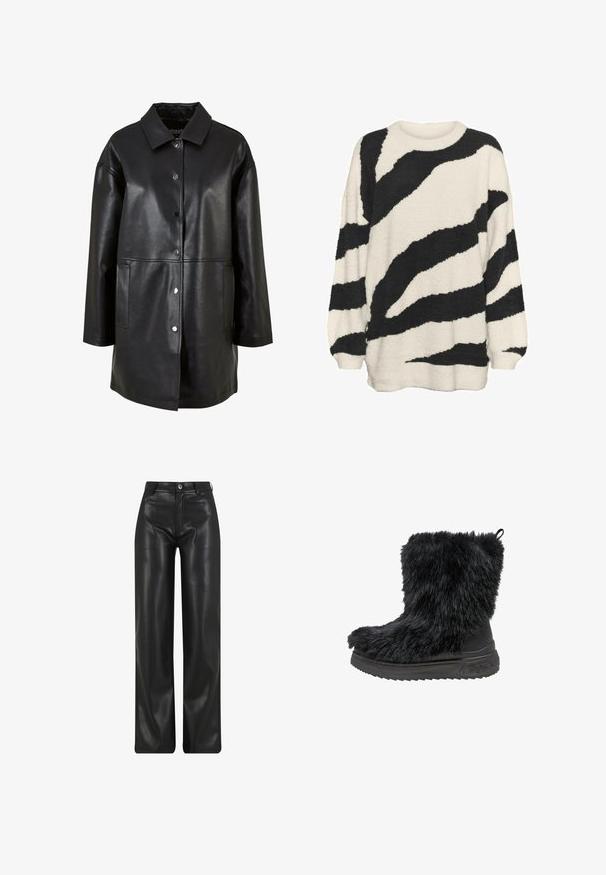 Sort læderjakke med krave, trykknapper, sidelommer og løs pasform med en glat tekstur.; Stribet sweater i sort og hvidt lavet af blødt, fluffy materiale. Har en rund halsudskæring og løst siddende ærmer med en afslappet pasform.; Sorte, højtaljede, vidde ben faux læderbukser med forlommer og knaplukning.; Sorte faux fur ankelstøvler med en tyk sort gummisål og tekstureret overflade. Har en pull-tab på bagsiden for nem påtagning.