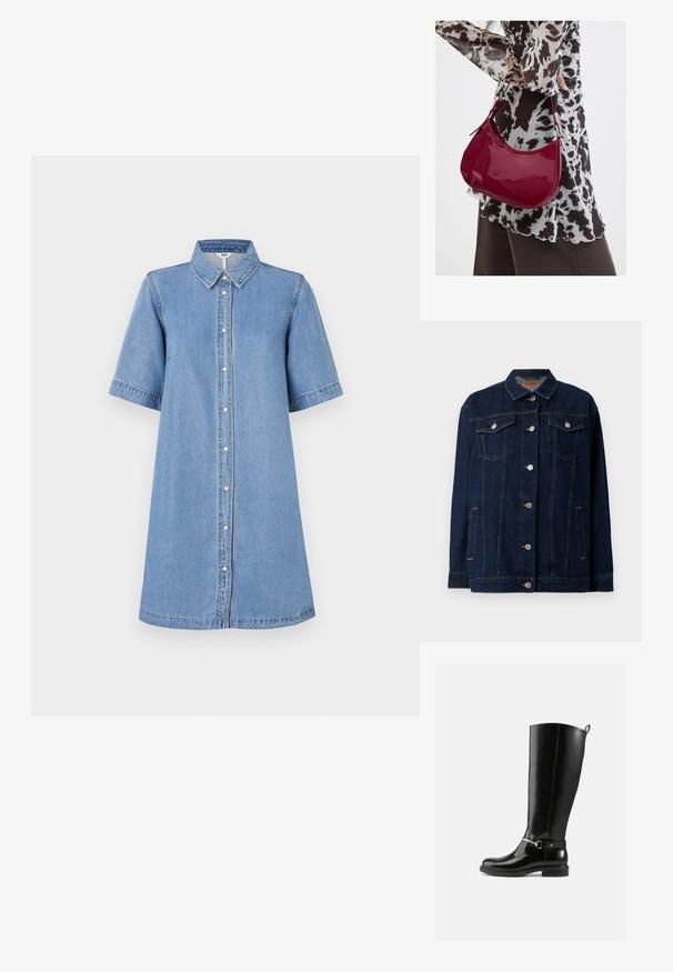 Mørkeblå denimjakke med krave, lynlås foran, to brystlommer, sidelommer og kontraststing.; Denim skjortekjole, lyseblå, kortærmet, krave, knaplukning foran, knælang, syning detaljer på ærmerne, afslappet pasform.; Sorte knæhøje støvler lavet af blankt læder med en sølvfarvet spænde ved anklen og rundet snude. Flad sål.; Kvinde iført en sort- og hvidmønstret bluse, der holder en blank rød skuldertaske mod en ensfarvet baggrund.