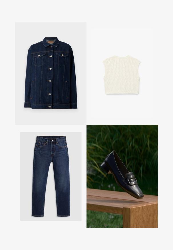 Mørkeblå denimjakke med krave, lynlås foran, to brystlommer, sidelommer og kontraststing.; Strikket cropped sweater i off-white med et tekstureret mønster, korte ærmer og ribbet halskant og kant, der viser et enkelt, struktureret design.; Mørkeblå denimbukser med lige ben-design. Har en lynlås og knaplukning, fem lommer og kontrasterende syninger.; Sort læderloafer med lav hæl og dekorativ rem, balanceret på kanten af en træbænk udendørs med grønne planter i baggrunden.