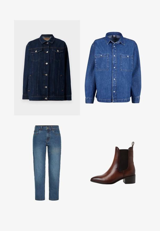Donkerblauwe denimjas met kraag, voor sluiting met knopen, twee borstzakken, zijzakken en contrasterende stikseldetails.; Jeansjack in medium blauw met lange mouwen, knoopsluiting aan de voorkant en twee borstzakken. Beschikt over een klassieke kraag en een ontspannen pasvorm.; Blauwe high-waist straight-leg spijkerbroek met voorste knoop en ritssluiting, twee voorzakken en riemlussen.; Bruine leren enkellaars met zwart elastisch zijpaneel, treklus aan de achterkant, lage blokhak en puntige neus.
