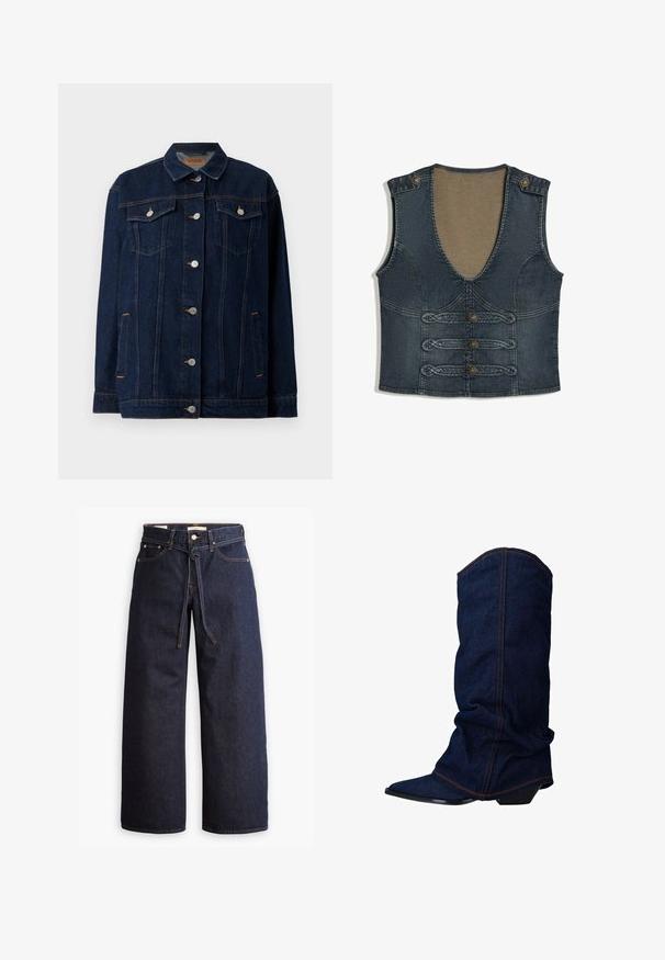 Donkerblauwe denimjas met kraag, voor sluiting met knopen, twee borstzakken, zijzakken en contrasterende stikseldetails.; Donkere denim mouwloze bodywarmer met diepe V-hals, drie decoratieve knopen aan de voorkant, gevlochten rand en knoopschouderbandjes.; Wijd pijpjes donkerblauwe denim jeans met een hoge taille, voorzien van een trekkoord, vijf zakken en contrasterende stiksels.; sacha Laarzen - blue