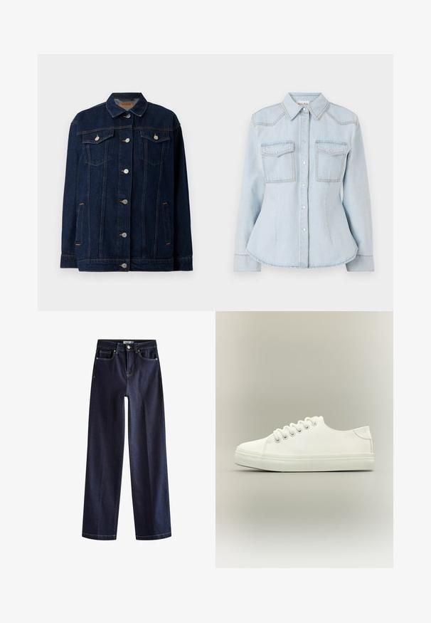 Mørkeblå denimjakke med krave, lynlås foran, to brystlommer, sidelommer og kontraststing.; Lyseblå denimskjorte med tætsiddende design, spids krave, to brystlommer og kontraststing. Har knaplukning og lange ærmer.; Next Jeans Straight Leg - rinse blue; Hvid lavtop sneaker med hvide snørebånd og gummisål vist fra siden på en neutral baggrund.