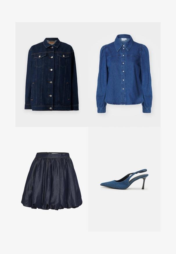 Donkerblauwe denimjas met kraag, voor sluiting met knopen, twee borstzakken, zijzakken en contrasterende stikseldetails.; Denim shirt met een gestructureerde kraag, lange pofmouwen en knoopsluiting aan de voorkant. Donkerblauwe stof met subtiele textuur en een getailleerde taille.; Marineblauwe satijnen rok met een elastische tailleband, geraffineerde plooien en een licht uitlopende snit. Zachte textuur met een gladde glans.; Blauwe denim slingback hakken met een puntige neus, voorzien van een slanke zwarte hak en een bovenkant van textiel. Ontwerp met open achterkant.