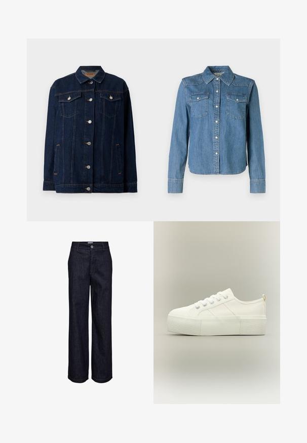 Mørkeblå denimjakke med krave, lynlås foran, to brystlommer, sidelommer og kontraststing.; Denimskjorte med en lys blå nuance, klassisk krave og to brystlommer. Den har trykknapper og lange ærmer med knapmanchetter.; Mørkeblå denimjeans med lige ben, knap- og lynlåslukning, bæltestropper og synlige syningsdetaljer.; Hvid platform sneaker med tyk struktureret sål, snørelukning foran og subtile syningsdetaljer på en neutral baggrund.