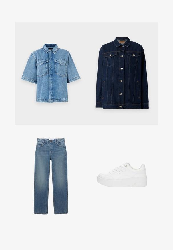 Veste en denim bleu foncé avec col, fermeture à boutons sur le devant, deux poches poitrine, poches latérales et détails de couture contrastants.; Chemise en denim à manches courtes de couleur bleu clair, dotée d'un col évasé, de deux poches poitrine et d'une fermeture à boutons sur le devant, avec une coupe décontractée et des coutures visibles.; Jeans en denim bleu clair à coupe droite, avec cinq poches et des éléments en métal de couleur cuivrée. Le tissu présente une légère décoloration et une texture douce.; Baskets à plateforme blanches avec lacets à l'avant, détails perforés sur le côté et semelle épaisse, vues de profil extérieur sur un fond blanc.