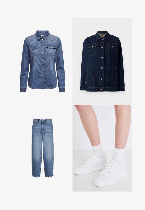 Mørkeblå denimjakke med krave, lynlås foran, to brystlommer, sidelommer og kontraststing.; Denimskjorte i mørkeblå, med krave, lange ærmer, dobbelt brystlomme og kontrasterende syninger.; Lyseblå denim bukser med vid benvidde og høj talje, fem lommer og en falmet finish. Har en lynlås i fronten og bæltestropper.; Copenhagen Studios CPH72 - Sneakers - white