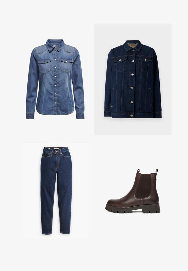 Donkerblauwe denimjas met kraag, voor sluiting met knopen, twee borstzakken, zijzakken en contrasterende stikseldetails.; Donkerblauw denim shirt met een kraag, lange mouwen, dubbele borstzakken en contrasterende stiksels.; Donkerblauwe denimjeans met een hoge taille, vijf-pocket ontwerp en rechte pijpen. Contrasterende stiksels en een knopen-flapsluiting.; Donkerbruine leren Chelsea-boot met zwart elastisch zijpaneel, aantreklussen en dikke zwart geribbelde zool.