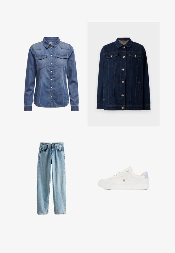 Tume sinine teksajakk, millel on krae, esine nupukinnitus, kaks rinna taskut, küljetaskud ja kontrastsed õmblused.; Tumedates denim särk, millel on kaelus, pikad varrukad, kahekordsed rinnataskud ja kontrastsed õmblused.; Heledad sinine sirge säärega teksapüksid, mis on valmistatud denimist. Omavad viit taskut, nupuvajutusega kinnitust ja peeneid kulumisjälgi tekstuuri saavutamiseks.; Valged nahast tossud, millel on sile tekstuur, kuldsed detailid ja hele sinine kannaosa. Omavad lamedaid paelu ja ümarat ninaosa disaini.