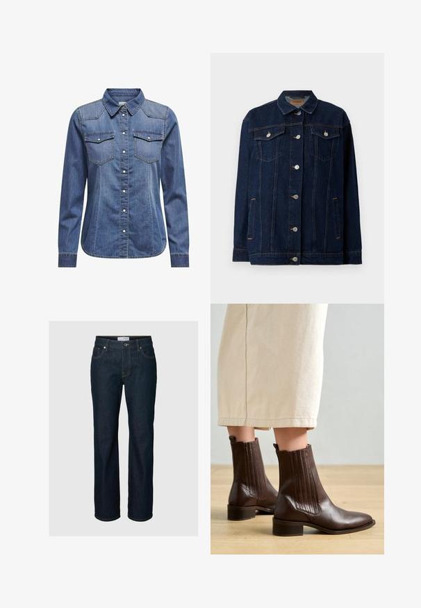 Mørkeblå denimjakke med krave, lynlås foran, to brystlommer, sidelommer og kontraststing.; Denimskjorte i mørkeblå, med krave, lange ærmer, dobbelt brystlomme og kontrasterende syninger.; Mørkeblå straight-leg jeans med fem lommer, knaplukning og kontrastsyning, vist på en ensfarvet baggrund.; Pavement SHANI - Støvletter - brown