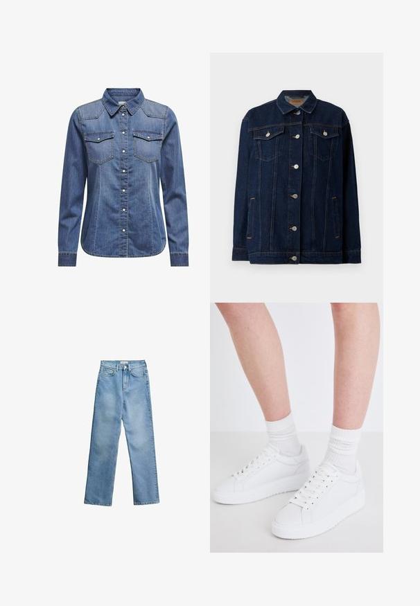 Tume sinine teksajakk, millel on krae, esine nupukinnitus, kaks rinna taskut, küljetaskud ja kontrastsed õmblused.; Tumedates denim särk, millel on kaelus, pikad varrukad, kahekordsed rinnataskud ja kontrastsed õmblused.; Helesinised kõrge vöökohaga sirge lõikega teksapüksid esikinnise, tõmbluku, vööaasade ja viie taskuga valgel taustal.; Copenhagen Studios CPH72 - Tossud - white
