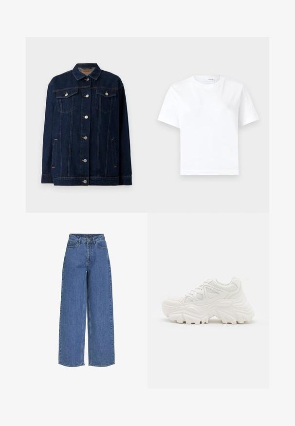 Donkerblauwe denimjas met kraag, voor sluiting met knopen, twee borstzakken, zijzakken en contrasterende stikseldetails.; Effen witte katoenen T-shirt met korte mouwen, ronde hals en rechte zoom, getoond op een witte achtergrond.; Wijde blauwe jeans met een hoge taille, gemaakt van denim stof. Voorzien van voorzakken en een knoopsluiting. Klassiek casual ontwerp.; Witte chunky sneakers met een textuur bovenwerk, meshpanelen en dikke rubberen zolen met een uitgesproken profiel. Inclusief veters en een aantreklip.